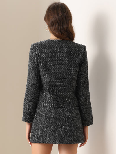 2 Pieces Tweed Long Sleeves Cropped Jacket & Mini Pencil Skirt Set