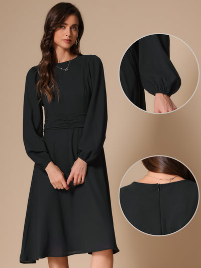 Lantern Long Sleeves Solid Color Midi Cocktail Dress