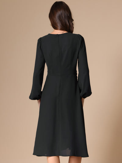 Lantern Long Sleeves Solid Color Midi Cocktail Dress