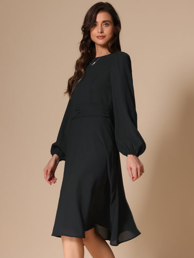 Lantern Long Sleeves Solid Color Midi Cocktail Dress