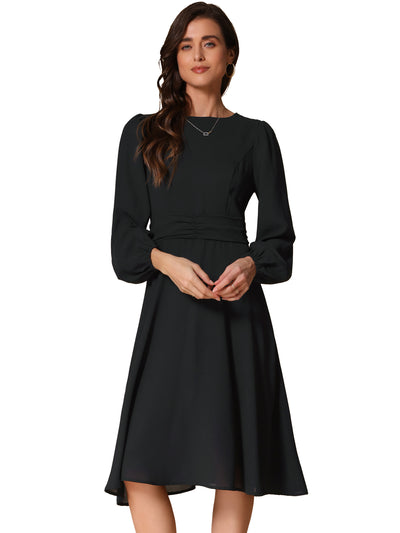 Lantern Long Sleeves Solid Color Midi Cocktail Dress