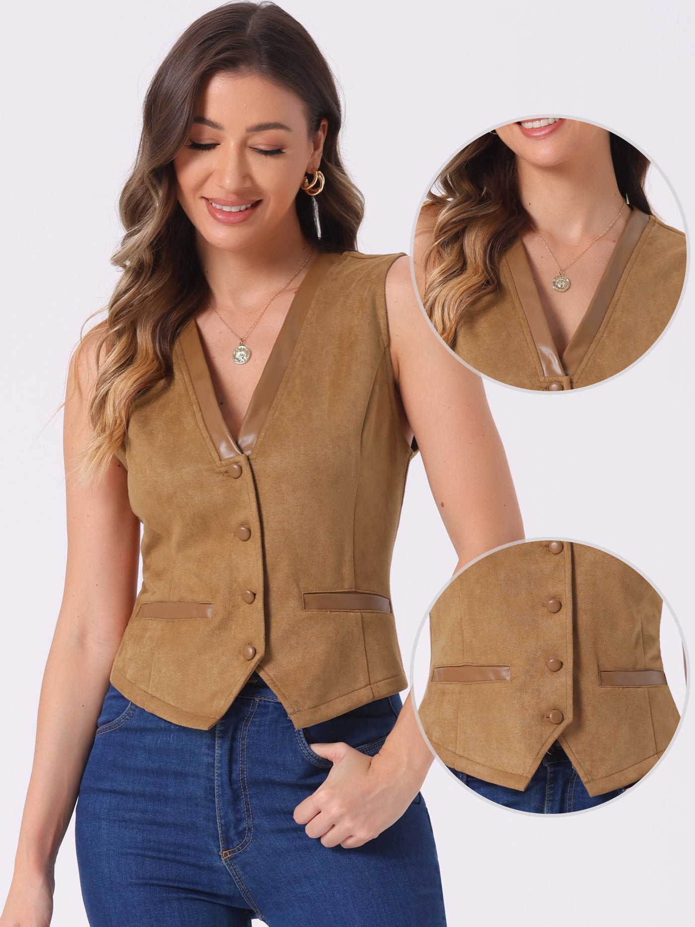 Allegra K V Neck Faux Suede Button Down Vintage Sleeveless Casual Vest