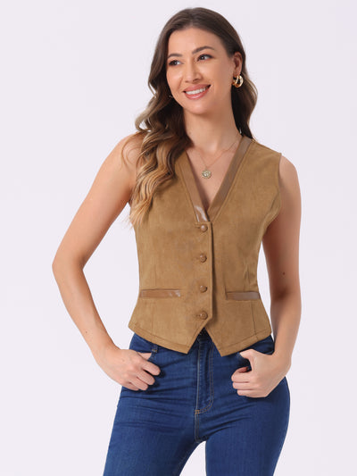 V Neck Faux Suede Button Down Vintage Sleeveless Casual Vest