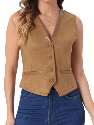 V Neck Faux Suede Button Down Vintage Sleeveless Casual Vest