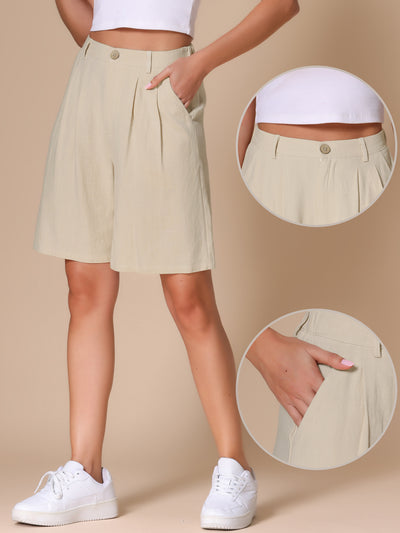 High Elastic Waisted Linen Wide Leg Bermuda Shorts