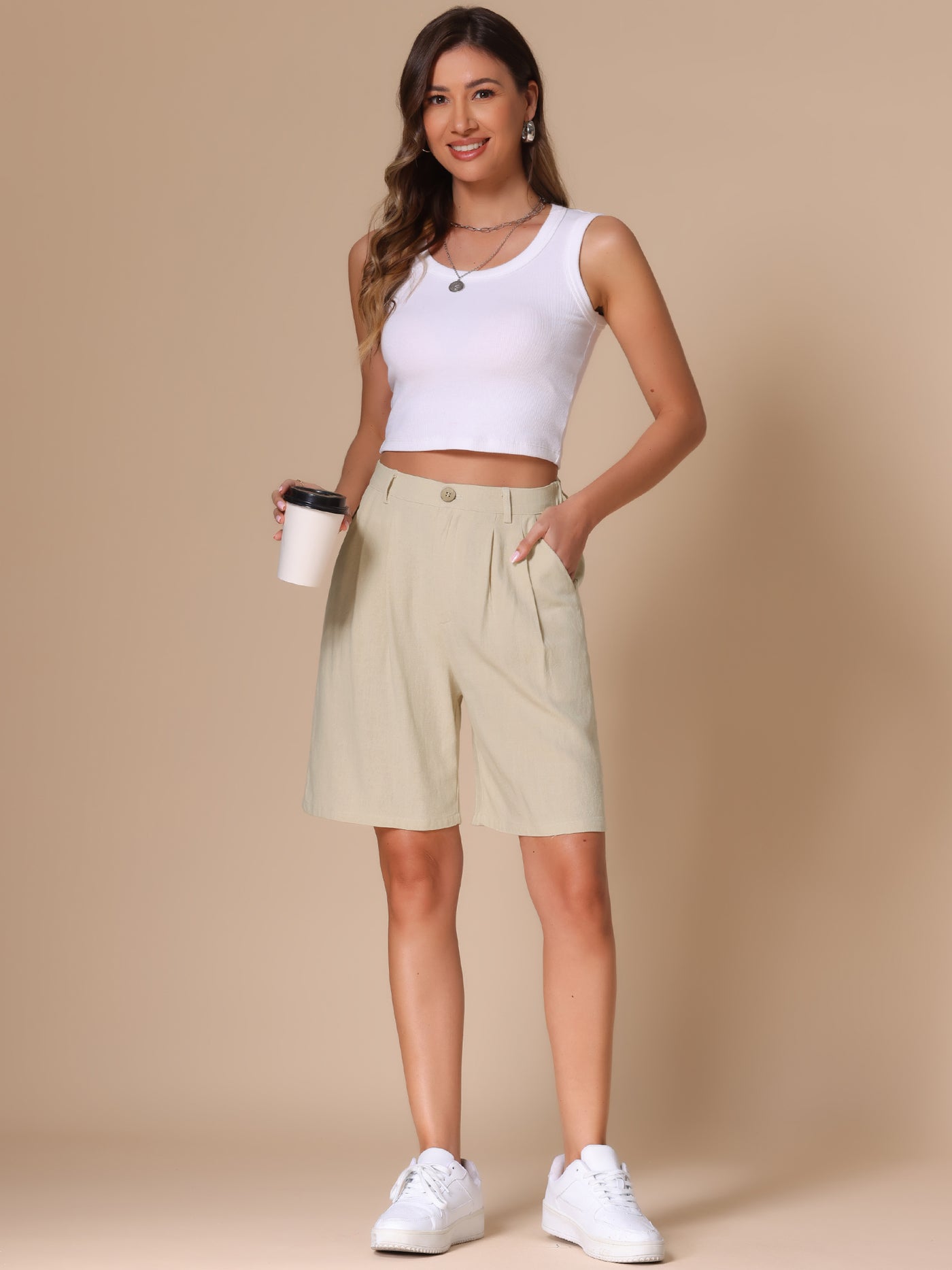 Allegra K High Elastic Waisted Linen Wide Leg Bermuda Shorts