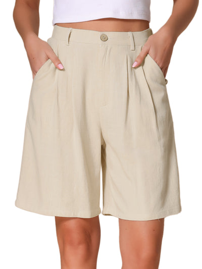 High Elastic Waisted Linen Wide Leg Bermuda Shorts