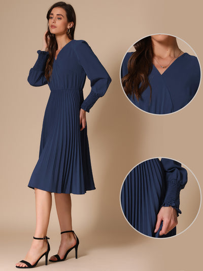 Smocked Long Sleeve Flowy A-Line Midi Pleated Dress