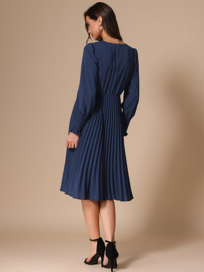 Smocked Long Sleeve Flowy A-Line Midi Pleated Dress