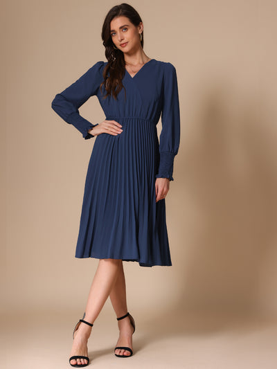 Smocked Long Sleeve Flowy A-Line Midi Pleated Dress