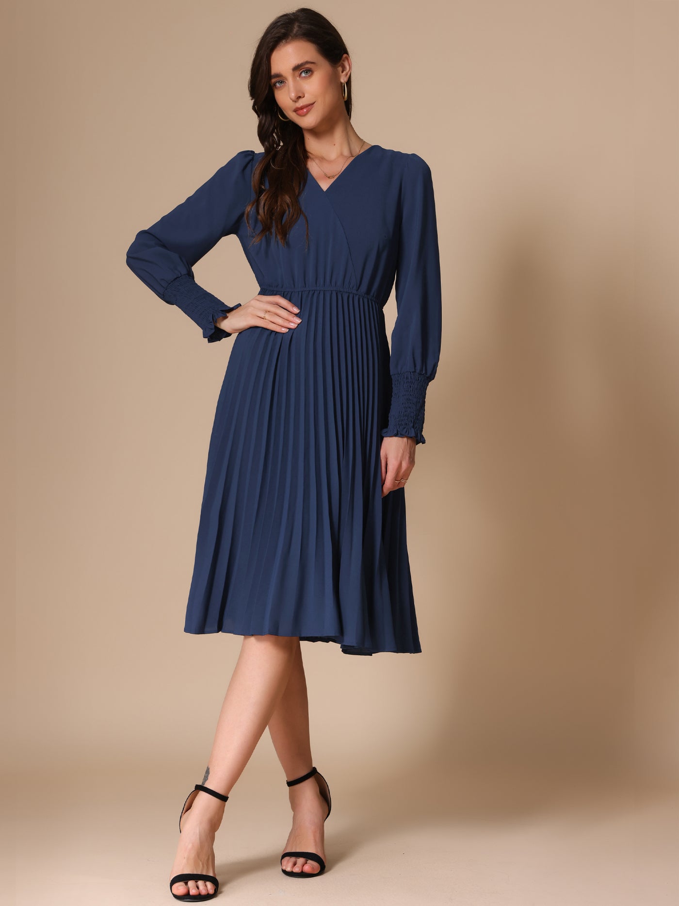 Allegra K Smocked Long Sleeve Flowy A-Line Midi Pleated Dress