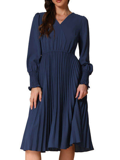 Smocked Long Sleeve Flowy A-Line Midi Pleated Dress