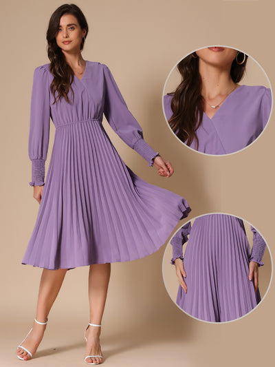 Smocked Long Sleeve Flowy A-Line Midi Pleated Dress