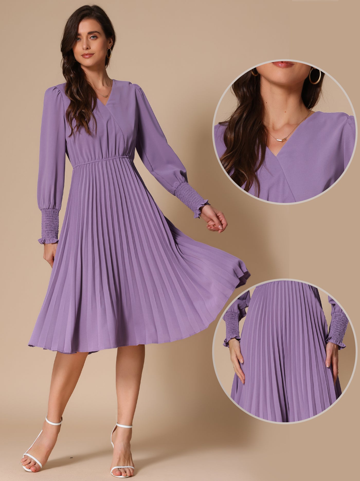 Allegra K Smocked Long Sleeve Flowy A-Line Midi Pleated Dress