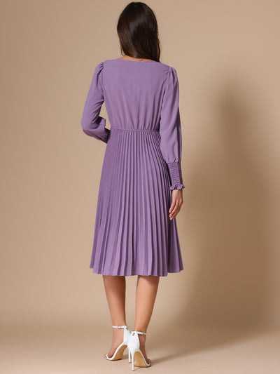 Smocked Long Sleeve Flowy A-Line Midi Pleated Dress