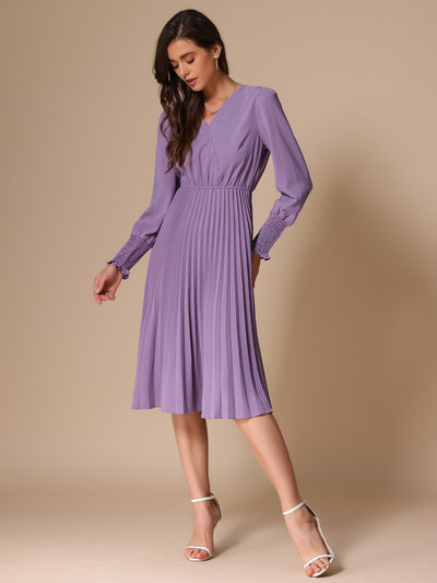 Smocked Long Sleeve Flowy A-Line Midi Pleated Dress