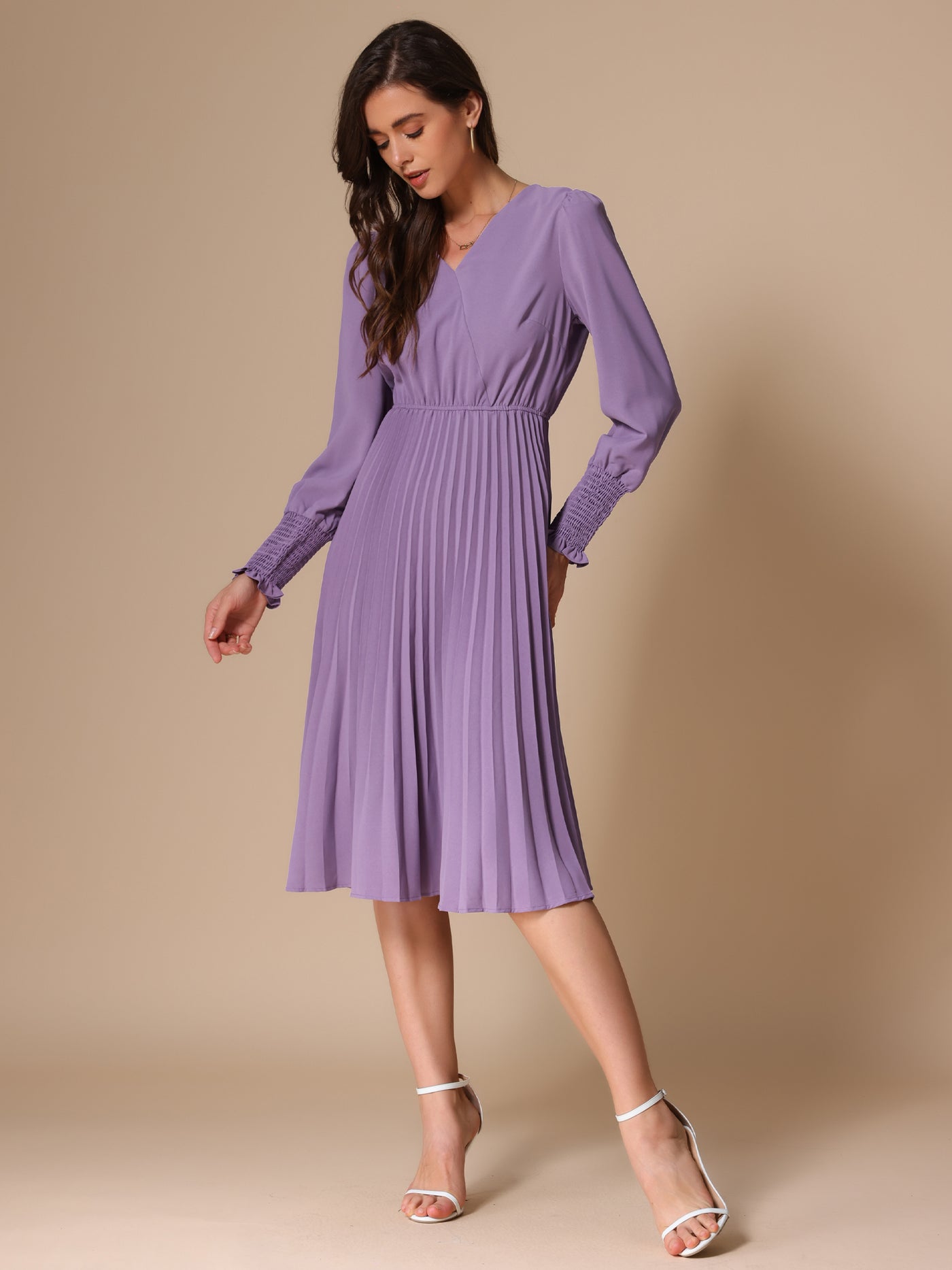 Allegra K Smocked Long Sleeve Flowy A-Line Midi Pleated Dress