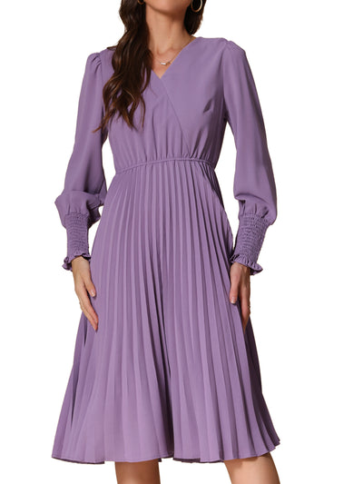 Smocked Long Sleeve Flowy A-Line Midi Pleated Dress