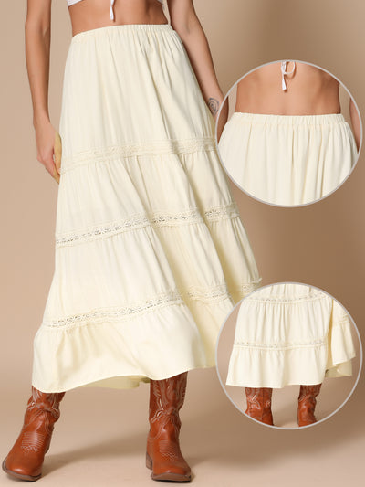 Lace Trim Tiered Elastic High Waist Maxi Skirt