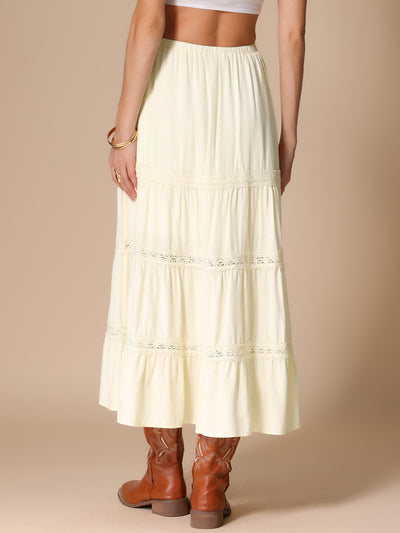 Lace Trim Tiered Elastic High Waist Maxi Skirt