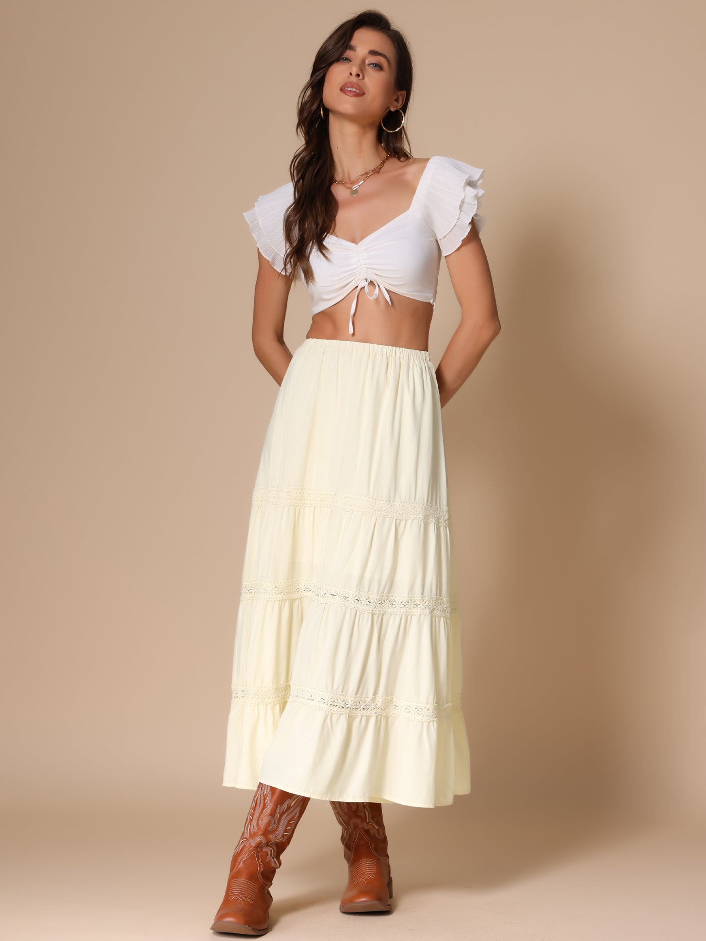 Allegra K Lace Trim Tiered Elastic High Waist Maxi Skirt