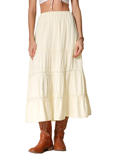 Lace Trim Tiered Elastic High Waist Maxi Skirt