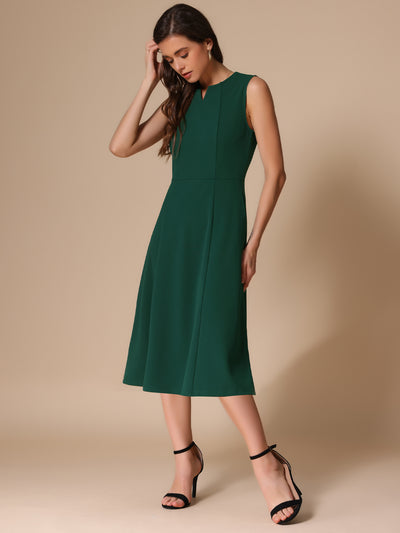 Notch Neck Pocketed Work Office A-Line Midi Dress