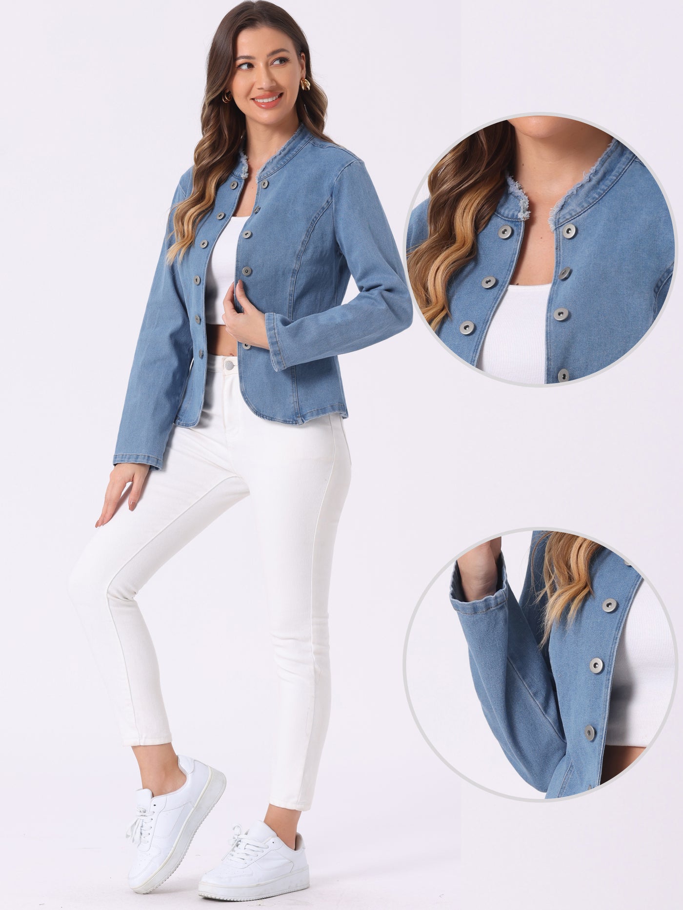 Allegra K Denim Collarless Button Decor Open Front Jeans Jackets