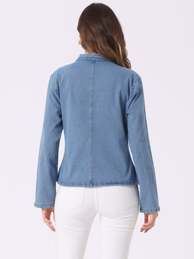 Denim Collarless Button Decor Open Front Jeans Jackets