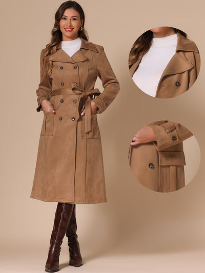 Faux Suede Notched Lapel Double Breasted Belted Long Sleeve Trench Coat