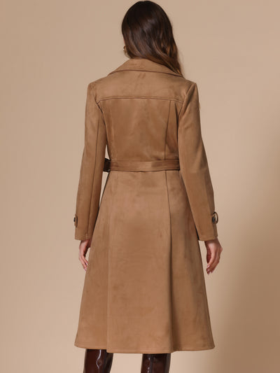 Faux Suede Notched Lapel Double Breasted Belted Long Sleeve Trench Coat