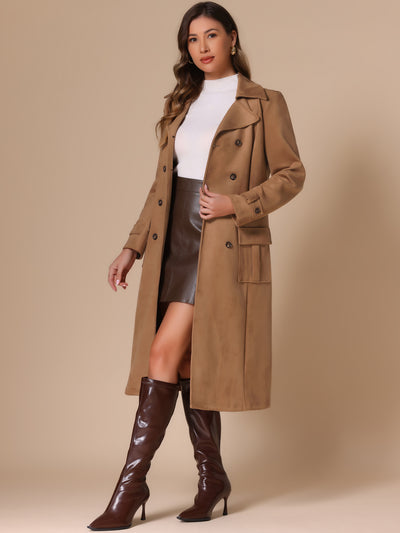 Faux Suede Notched Lapel Double Breasted Belted Long Sleeve Trench Coat