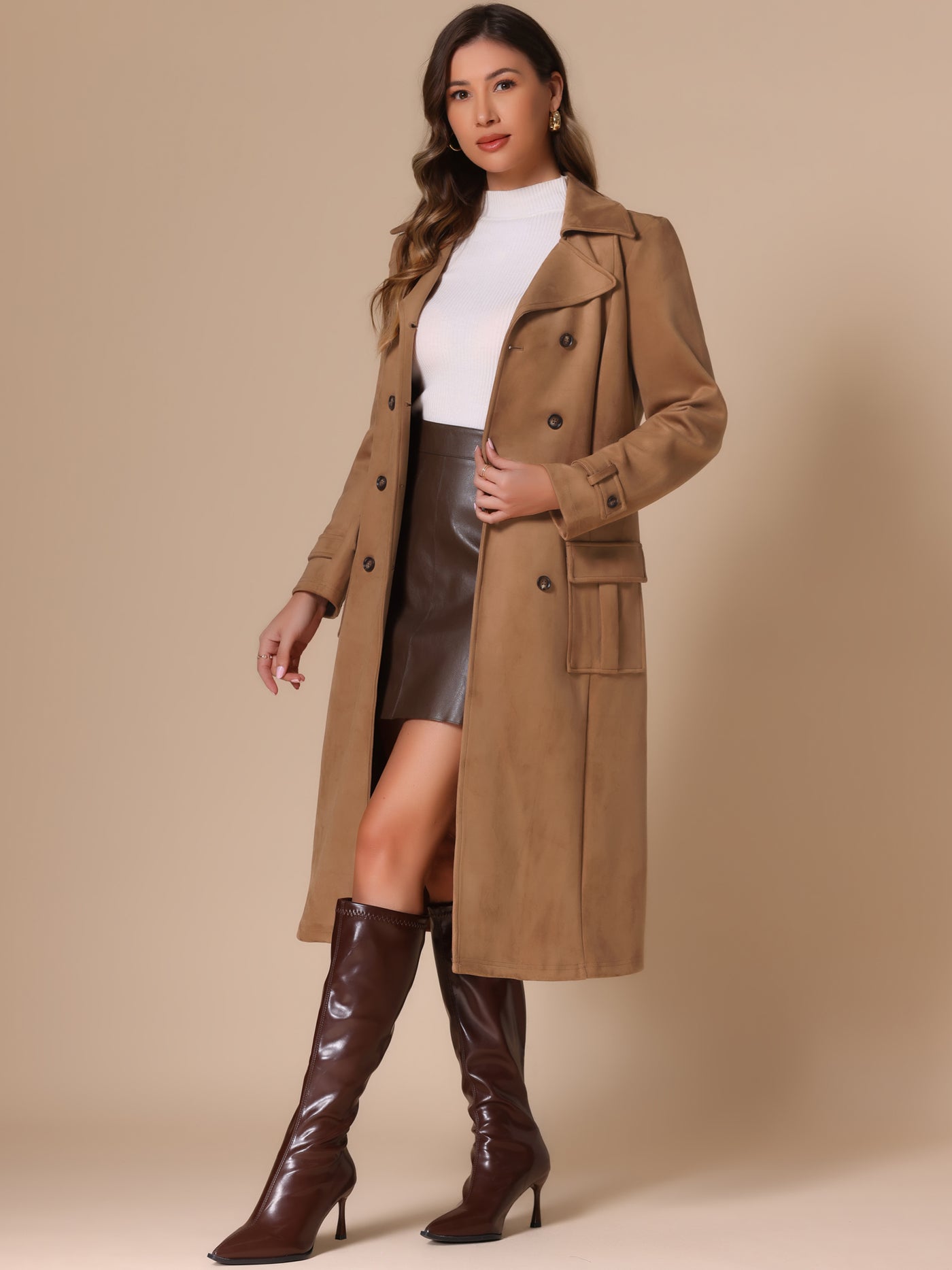 Allegra K Faux Suede Notched Lapel Double Breasted Belted Long Sleeve Trench Coat