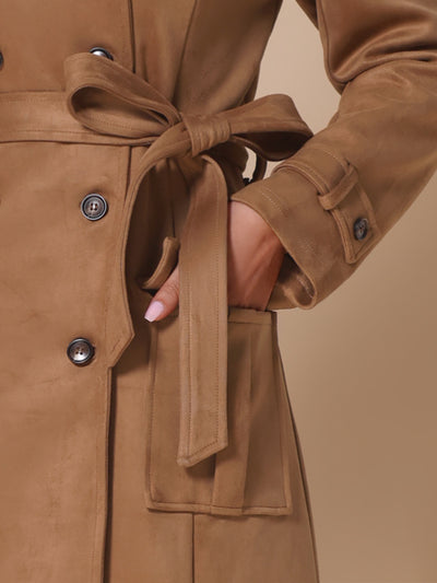 Faux Suede Notched Lapel Double Breasted Belted Long Sleeve Trench Coat