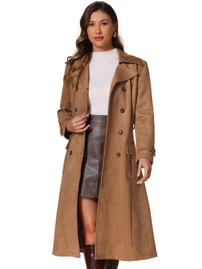 Faux Suede Notched Lapel Double Breasted Belted Long Sleeve Trench Coat