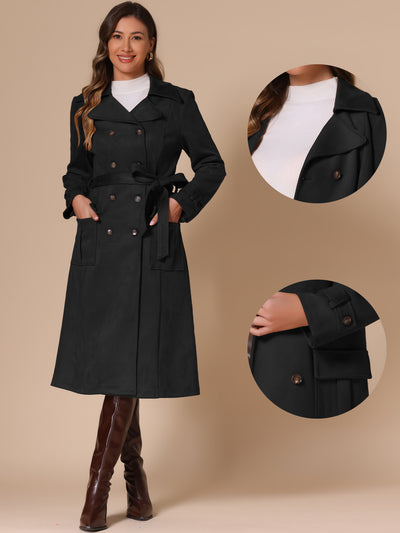 Faux Suede Notched Lapel Double Breasted Belted Long Sleeve Trench Coat