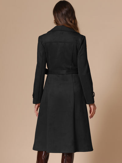 Faux Suede Notched Lapel Double Breasted Belted Long Sleeve Trench Coat