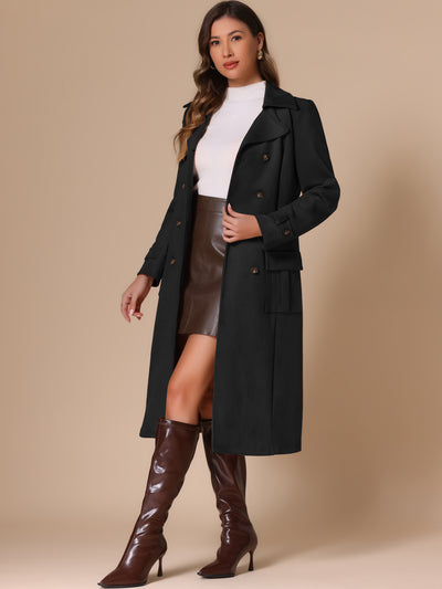 Faux Suede Notched Lapel Double Breasted Belted Long Sleeve Trench Coat