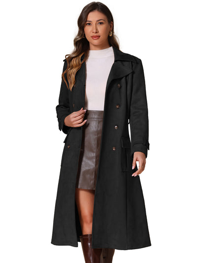 Faux Suede Notched Lapel Double Breasted Belted Long Sleeve Trench Coat