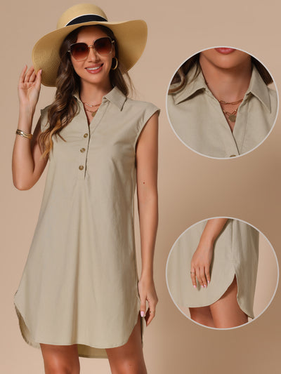 Linen Collared Cap Sleeves Button Casual Shirt Dress