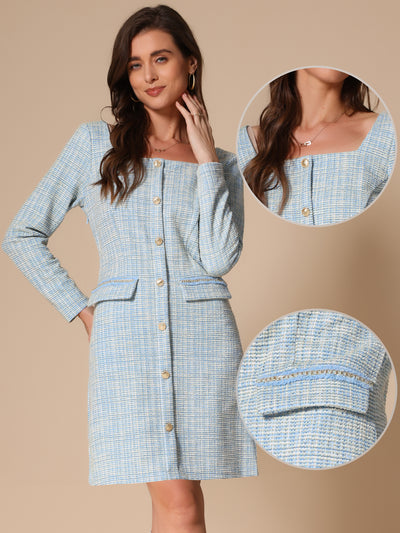 Tweed Plaid Long Sleeves Square Neckline Knee Length Dress