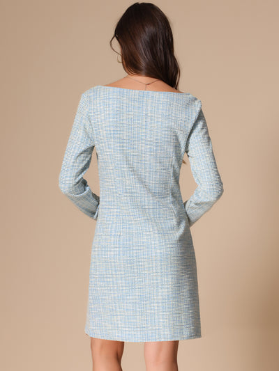 Tweed Plaid Long Sleeves Square Neckline Knee Length Dress