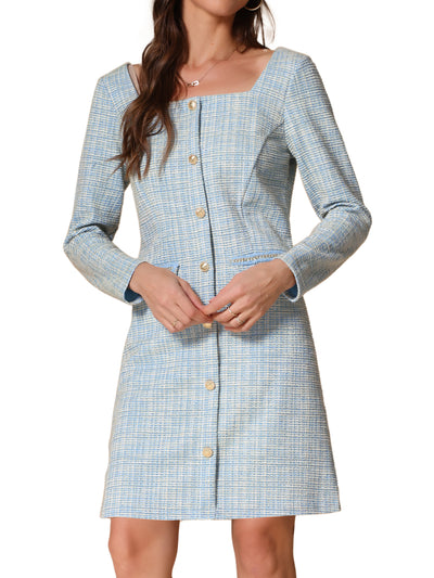 Tweed Plaid Long Sleeves Square Neckline Knee Length Dress