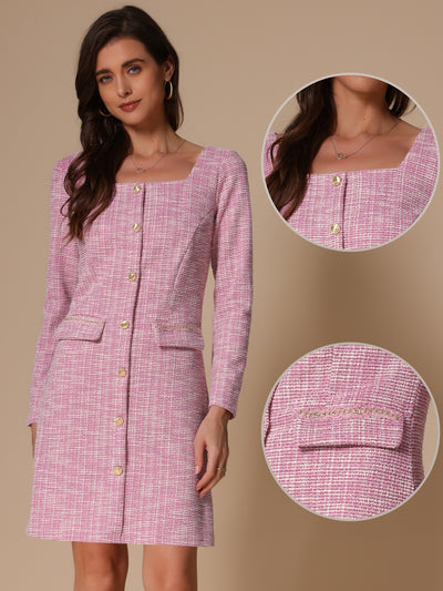 Tweed Plaid Long Sleeves Square Neckline Knee Length Dress