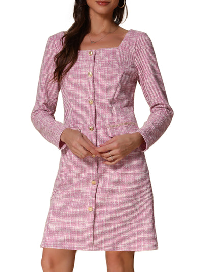 Tweed Plaid Long Sleeves Square Neckline Knee Length Dress