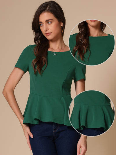 Short Sleeve Round Neck Solid Color Peplum Blouse