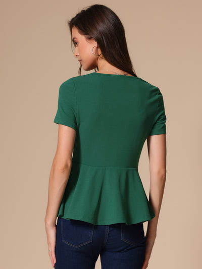 Short Sleeve Round Neck Solid Color Peplum Blouse