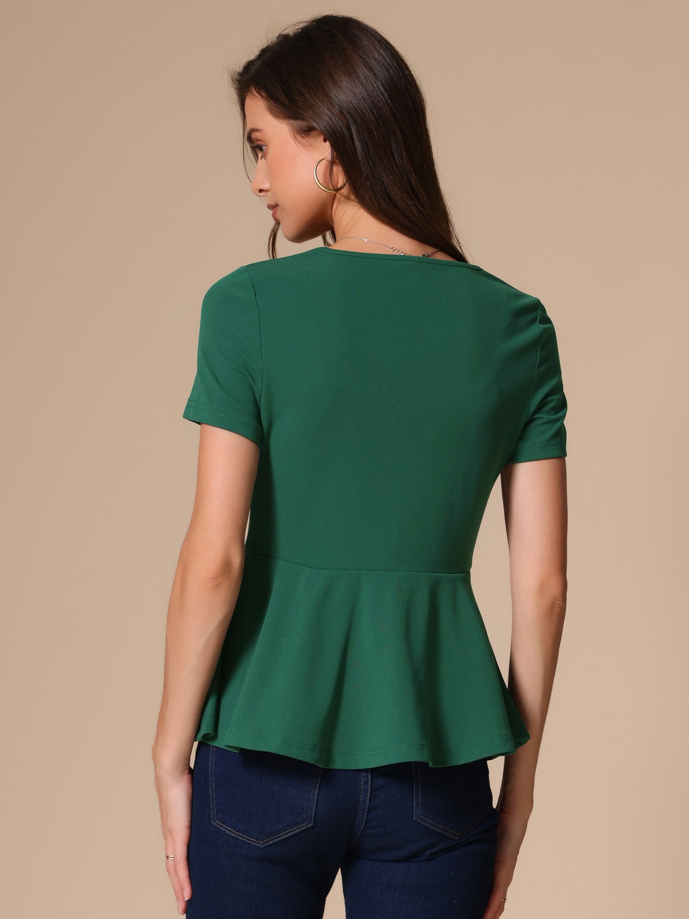 Allegra K Short Sleeve Round Neck Solid Color Peplum Blouse