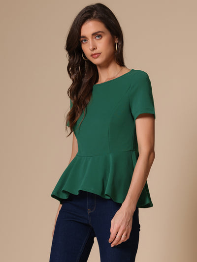 Short Sleeve Round Neck Solid Color Peplum Blouse