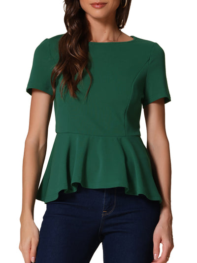 Short Sleeve Round Neck Solid Color Peplum Blouse